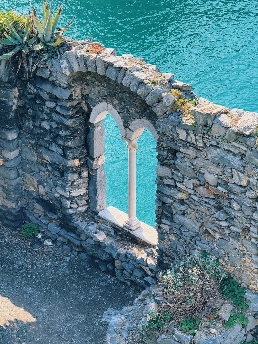 Una finestra ad arco in pietra si apre su un mare turchese, incorniciata dai resti di un muro antico. Piante grasse e muschio crescono tra le rocce, aggiungendo un tocco naturale alla scena.